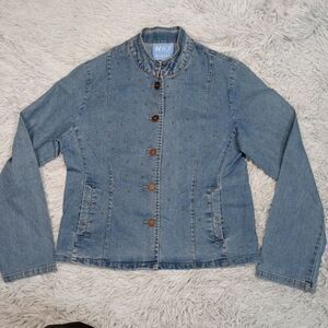 H & J Jacket Womens M Blue Jean Denim Stretch Studded Pockets Button Up‎ Coat